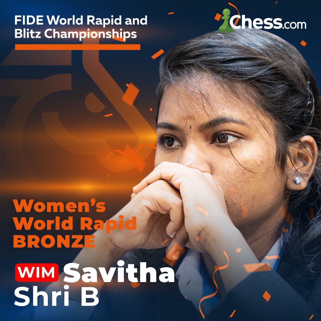 chesscom_in's tweet image. BREAKING!
15-year-old, WIM Savitha Shri B wins Bronze at the Women’s World Rapid Championship! ❤️

Seeded 36th, @SavithashriB scored an impressive 8/11 to finish 3rd! 😍

A student of @WacaChess, She also earns a well-deserved $13,000 and the bronze! 🥉
Congrats Savitha! 🚀🙌🏻