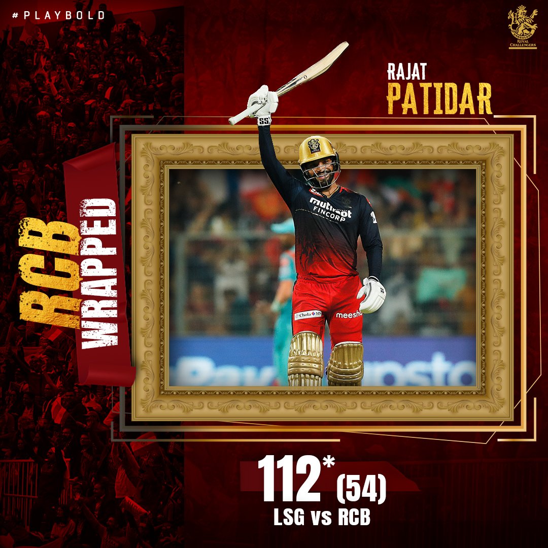 RCBTweets's tweet photo. 𝐑𝐂𝐁 𝐖𝐑𝐀𝐏𝐏𝐄𝐃 2️⃣0️⃣2️⃣2️⃣ (8/20)

@rrjjt_01 notched up his maiden IPL century against LSG in an all important Eliminator clash. 😍

Rajat &amp; DK added 9️⃣2️⃣ runs off the last 6.5 Overs 🤯

#PlayBold #WeAreChallengers #RCBWrapped https://t.co/sI219zpWW8