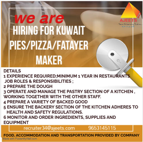 ajeetsholding's tweet image. HIRING for KUWAIT
Pies/Pizza/Fatayer Maker
Share CVs on:  recruiter34@ajeets.com
Whatsapp: +91 9653145115
#pizzamaker #piemaker #fatayermaker #jobs #hiring #saudiarabiajobs #abroadjobs #maintenancejobs #jobsearch #overseasjobs #saudiarabia #jobsearching #jobseekers