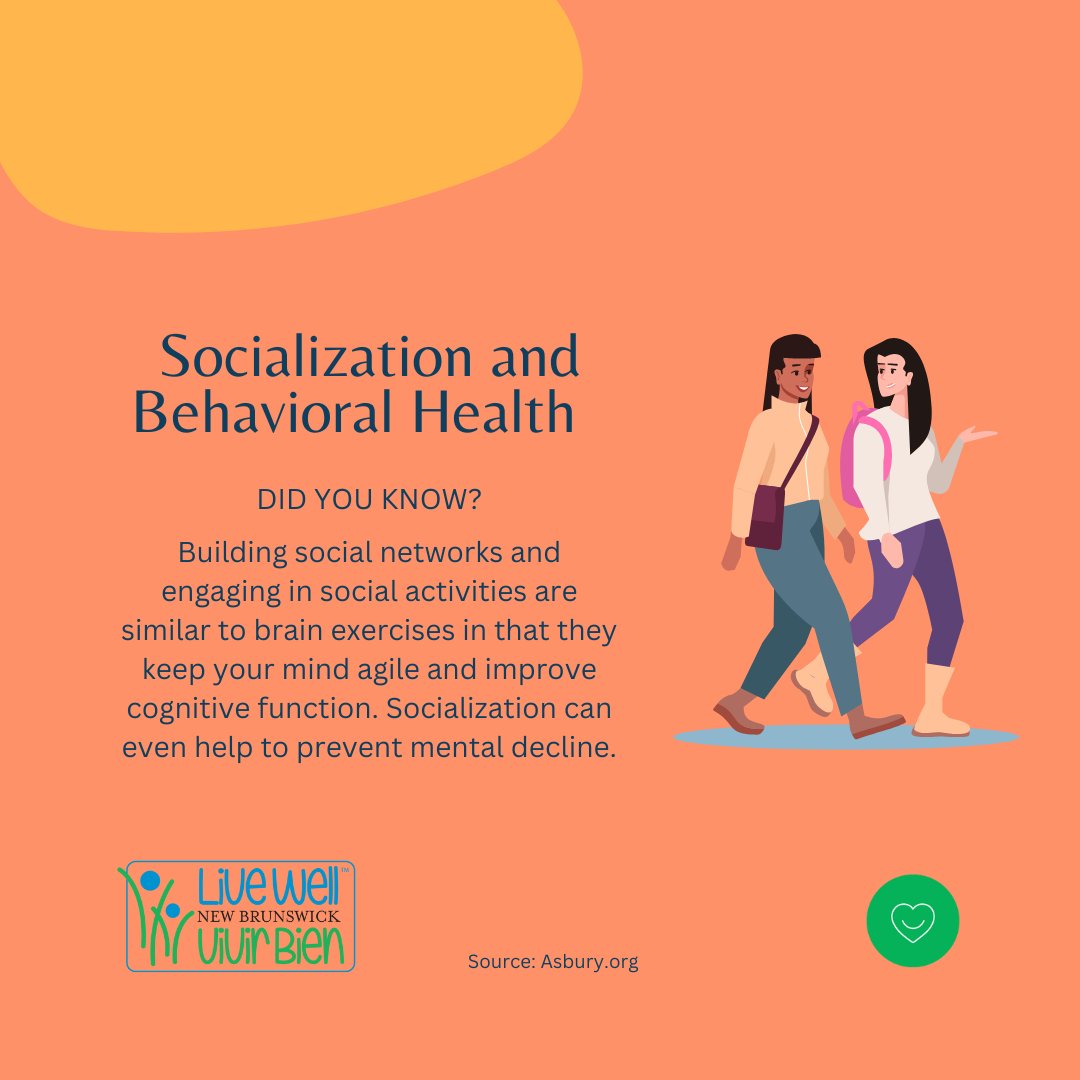 LiveWellNB's tweet photo. Socializing can be good for your mental health. It can lift your spirits and make you feel happier while also instilling a sense of safety, belonging, and security.
#mentalhealth #wellness #mindfulness #livewellnb https://t.co/usEGIksPaU