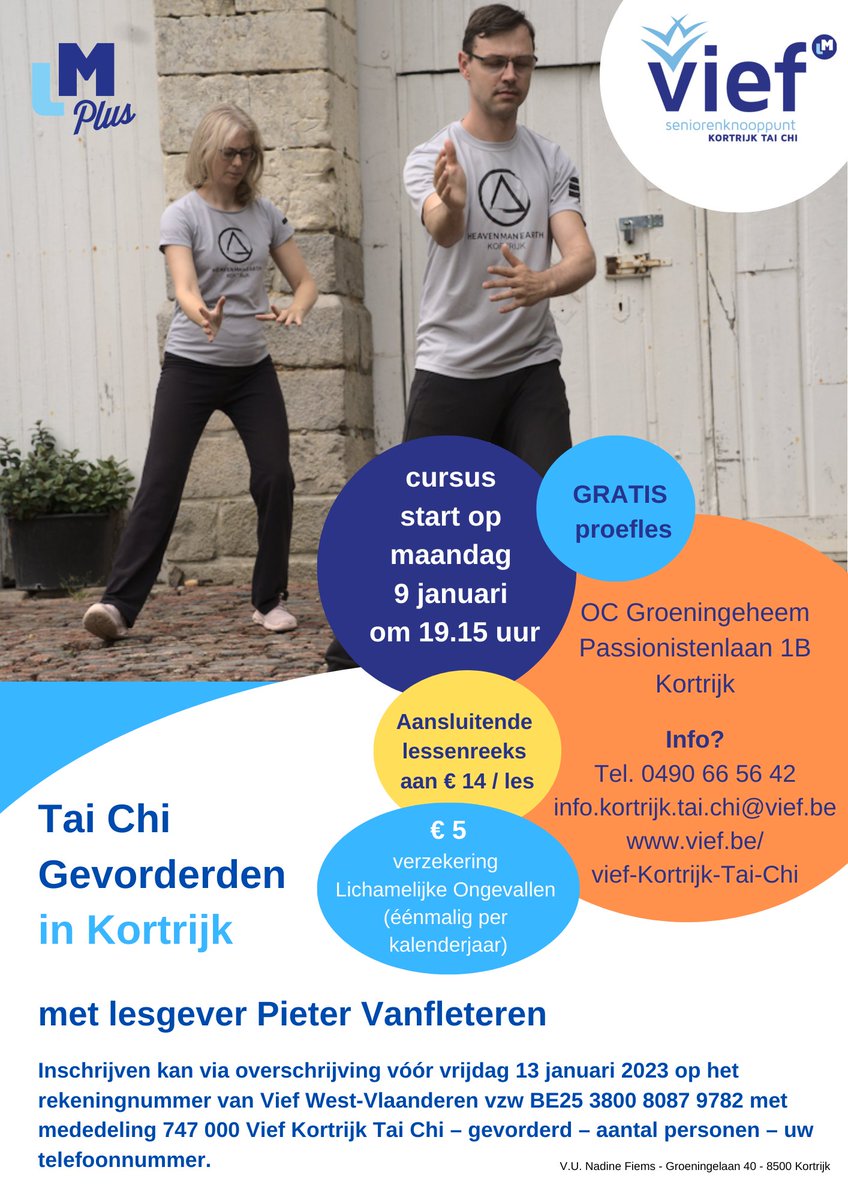viefwest's tweet photo. Wilt u bewust leren omgaan met uw lichaam en geest? Schrijf u dan in voor een cursus Tai Chi te Kortrijk. U leert uzelf kennen en u leert uw lichaam bewegen zoals u wilt.
Voor meer info kan u surfen naar https://t.co/M7s6fntuZm.
#Vief #senioren #cursus #taichi https://t.co/04MmNCSPnf