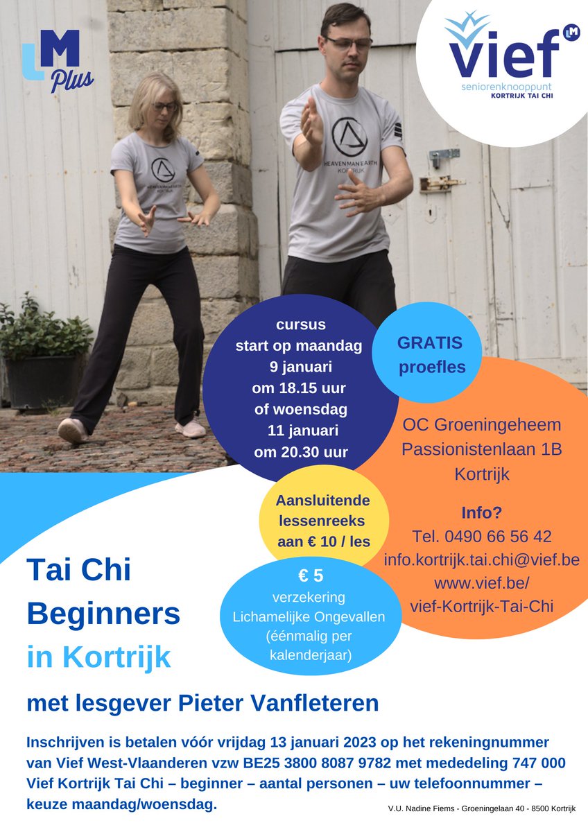viefwest's tweet photo. Wilt u bewust leren omgaan met uw lichaam en geest? Schrijf u dan in voor een cursus Tai Chi te Kortrijk. U leert uzelf kennen en u leert uw lichaam bewegen zoals u wilt.
Voor meer info kan u surfen naar https://t.co/M7s6fntuZm.
#Vief #senioren #cursus #taichi https://t.co/04MmNCSPnf