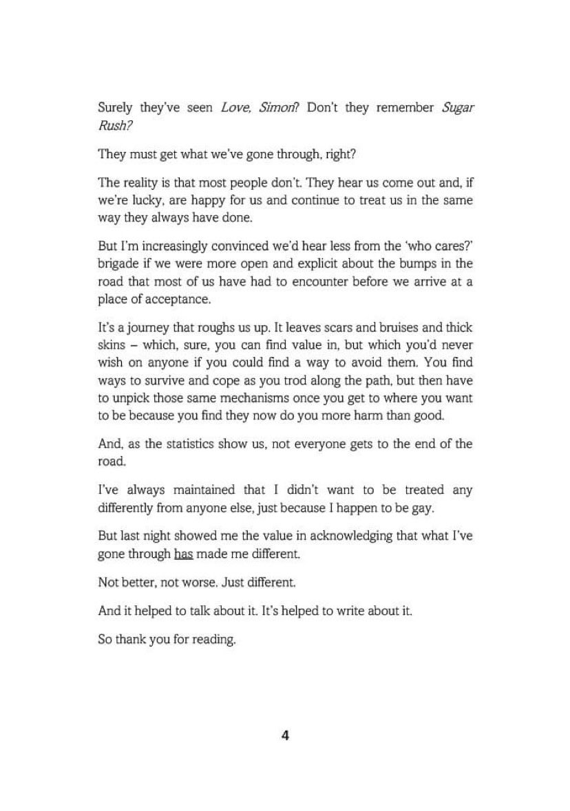 jack_murley's tweet photo. I always said I didn’t want to be treated differently because I’m gay.

But last night, I had a conversation that made me realise it’s important to acknowledge that what I’ve been through *has* made me different.

It helped to talk about it, and it’s helped to write about it. https://t.co/CJhIPENLFa