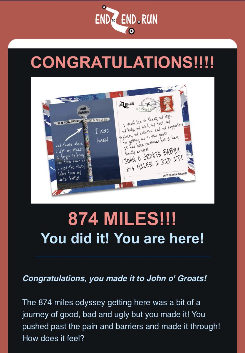 Aimee_J_'s tweet image. Made it!!!

Wondering if anyone else cut it this fine? Very pleased to have got to John O’Groats last night so I can sit inside today and be happy I’m not walking in the rain! (@McLarenF1 bobble hat proving incredible useful for the last month!)

#LEJOG #VirtualChallenges