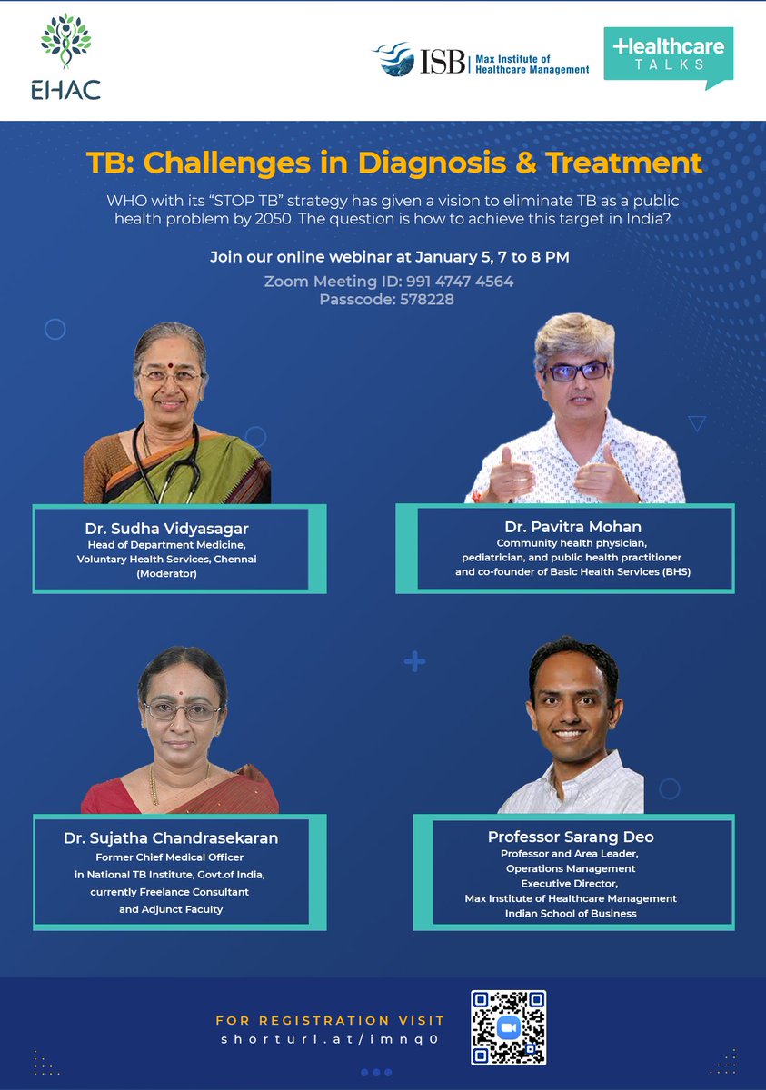 AccessEquitable's tweet image. On January 5, from 7 PM to 8 PM IST, EHAC will host a webinar on "TB - Challenges in Diagnosis and Treatment." Join us for an insightful discussion with our distinguished panel of experts.

Register in advance: ISB.zoom.us/webinar/regist… 

#healthcare #tuberculosis #healthcare