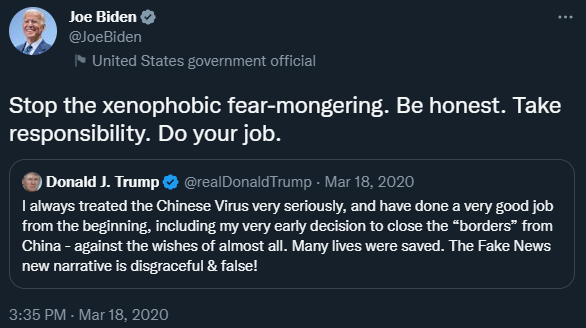 neontaster's tweet photo. I remember when Biden called Trump xenophobic on the day he announced such restrictions and then every fact check ruled the claim false because it was unclear if Biden had even known about the restrictions when he said it even though he responded to a literal tweet about it. https://t.co/Ug1G6Glysu