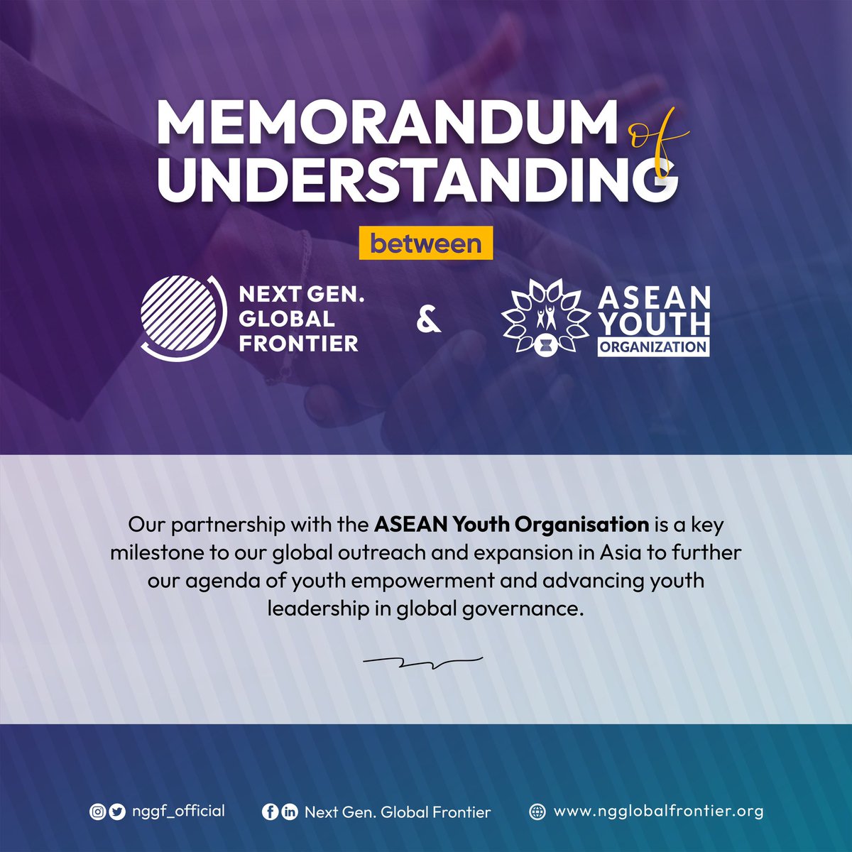 nggf_official's tweet photo. We are thrilled to announce a new partnership with @ayoasean we couldn't be happier to wrap up the year announcing a MOU as we share a similar vision for youth empowerment &amp; youth participation in tackling the most pressing of challenges faced by this generation &amp; the next. https://t.co/mkkQTLuHYH