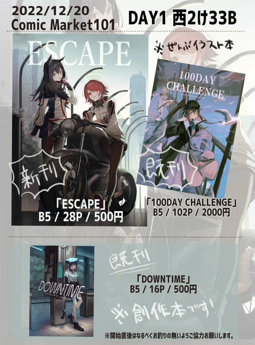 C101 頒布予定の新刊表紙とお品書きです。『ESCAPE』イラスト本/B5/28P/500円Twitter掲載済み(一部加筆)+描きおろし数点 
