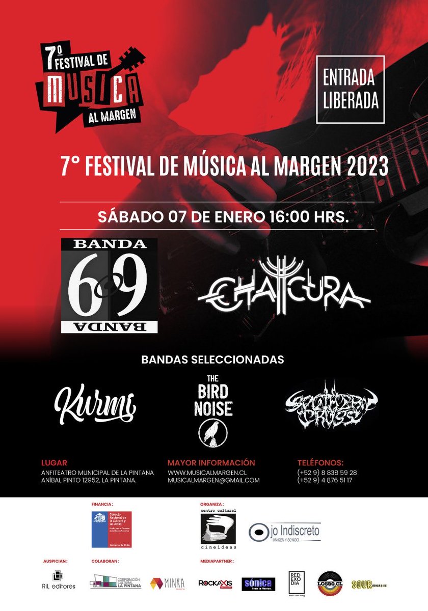 Este sábado 7 de enero el evento de cierre y premiacion de Música el Margen. #musicalmargen #festivaldemusica #clinicamusical #bandasemergenteschilenas #bandasemergentes #ContraCultura #rocknacional #bandademusica