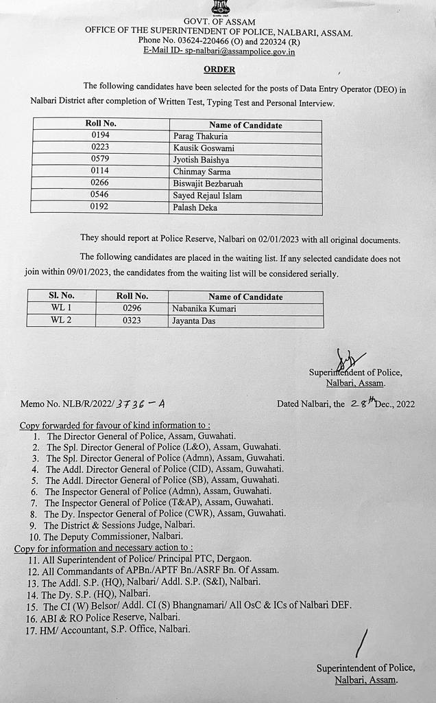Final merit list of selected candidates in connection with recruitment of Data Entry Operator (DEO) for CCTNS & ICJS Project of Assam. The selected candidates are directed to report at Police Reserve, Nalbari on 2nd January, 2023 at 10 AM. @assampolice @DGPAssamPolice