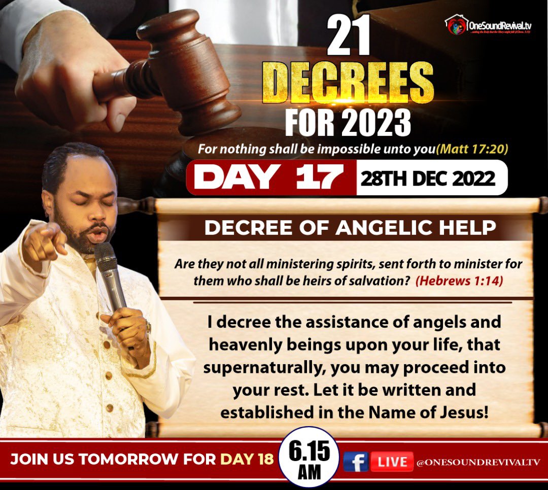 MMichaels_'s tweet photo. Day 17: 21 Decrees for 2023
Scriptural text: Hebrews 1:14
Declare and say Amen!!!
Join Prophet Isaiah for 2023 seed prayers from Monday - Thursday on Facebook @Onesoundrevivaltv at 6:15am GMT+1
#prophetisaiahwealth
#gospelpillars
#praywiththeprophet
#2023seedprayers https://t.co/4Ul72gVURe