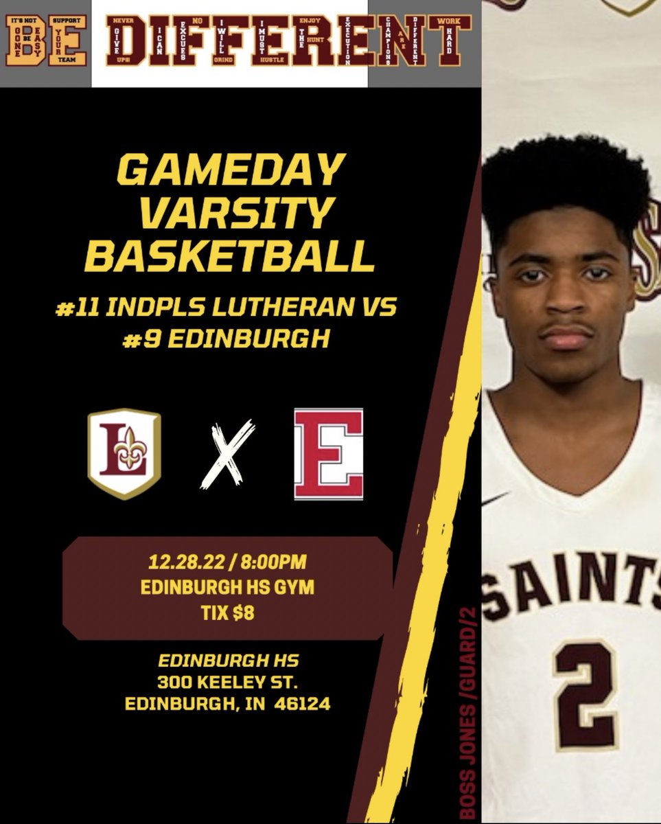 LuHiBB's tweet photo. 🚨GAME DAY🚨 

Edinburgh Holiday Tournament Championship

Lutheran Saints vs Edinburgh Lancers

📍: Edinburgh High School Historic Gym
⏰: 8:00 PM
💰: $8 

#BeDifferent #GoSaints 🏀 https://t.co/ofBk42rqxa