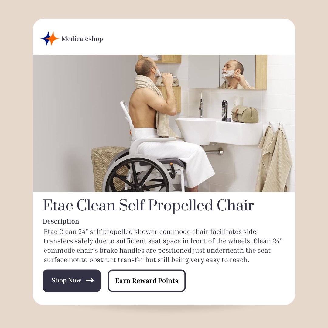 Etac Clean 24" Self-Propelled Shower Commode Chair

Limited time offer - A kit containing three Beauty products. The Beauty Body Washer, the 37 cm Comb, and the Multi-Purpose Grip.

Benefits:
Easy access
Safe and simple transfer
Self-propelled

#toiletsafety #etac #selfpropelled