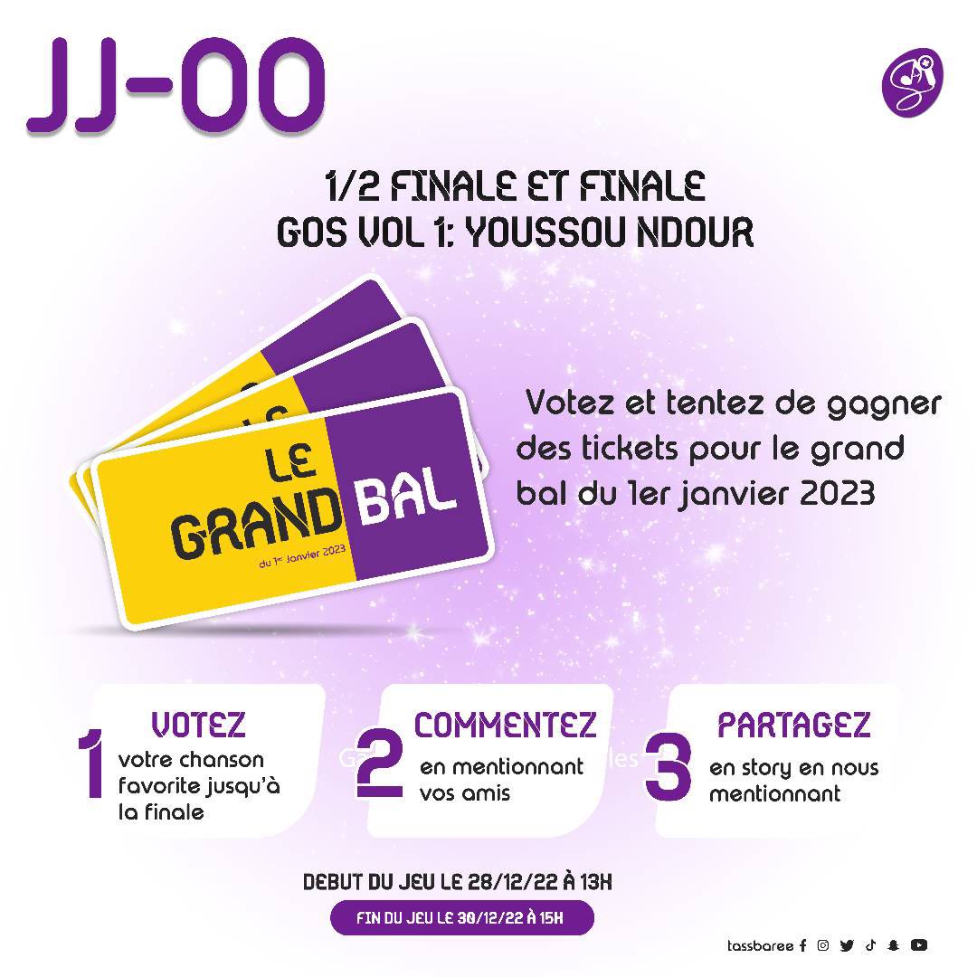 tassbaree's tweet photo. JJ-00

Nous sommes enfin le 28 Décembre 🥳, les 1/2 finale ont commencé puis la finale de Game Of Songs Volume 1 Youssou Ndour sera pour le 29 Décembre.
Vous pouvez dès maintenant voter et tenter votre chance pour gagner des places au Grand Bal du 1er Janvier 2023. https://t.co/H4IrPu2aOA