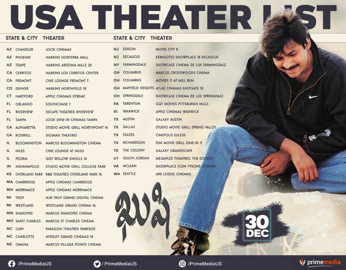 PrimeMediaUS's tweet photo. #Kushi4K #KushiReRelease USA theaters

Opening on Dec 30 from 6pm EST. Get  ready to watch evergreen romantic movie in theaters.

#PawanKalyan #BhumikaChawla #sjsuryah #ManiSharma @MegaSuryaProd @PharsFilm #TeluguCinema #Tollywood https://t.co/mBjHJbLUs1
