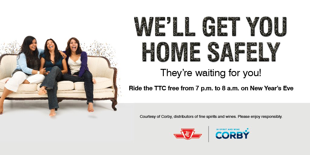 The TTC will be FREE this New Year’s Eve from 7 p.m. December 31 until 8 a.m. January 1, courtesy of Corby Spirit and Wine. 

Stay safe this holiday season. Don’t drink and drive.

Learn more: bit.ly/3USF6Cn