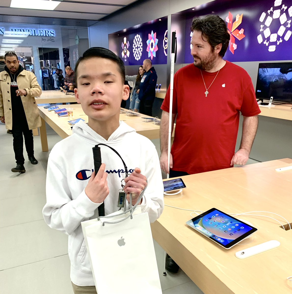 My blind son, Luke, is now an <a href="/apple/">Apple</a> watch owner!

Luke wanted an Apple Watch so that he could voice text and call people on it.

The Apple employee, Sean, helped us out. Sean also happens to be blind himself. 

It was awesome to have someone blind help us. 😁