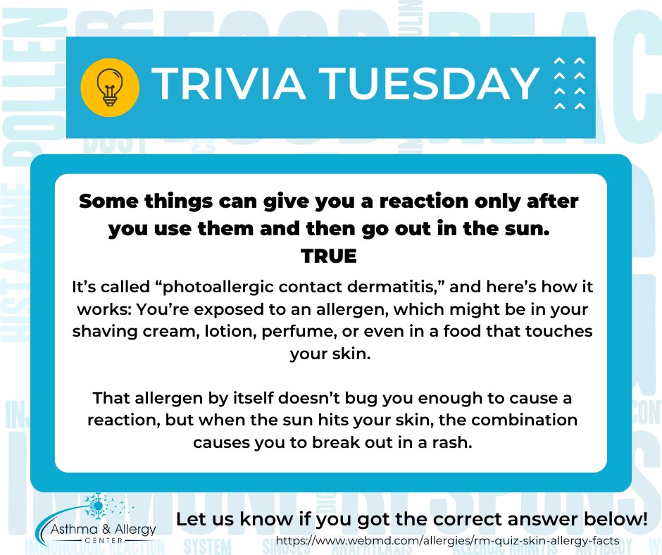 AsthmaAllergyVA's tweet image. Sun lovers beware! Did you pick True?

#allergy #AACVA #TriviaTuesdayAnswer #allergist #RoanokeVa #photoallergicdermatitis