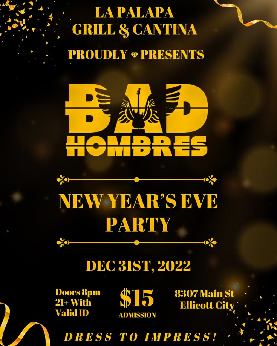 Ring in the new year with good music and tasty drink specials! On December 31, we're hosting a New Year's Eve party with live music by Bad Hombres. Party starts at 8 PM. For more information, head to facebook.com/events/s/nye-l….