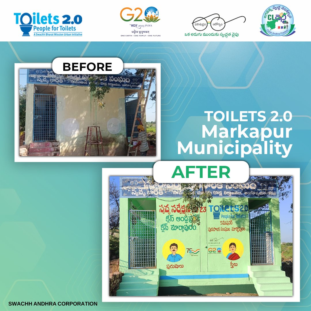 SwachhaAndhra's tweet photo. As part of the Toilets 2.0 Program, toilets are cleaned up and painted in Markapur Municipality.
.
.
#UsePublicToilets #WorldToiletDay2022 #keephygiene https://t.co/pBuXdsbMJU