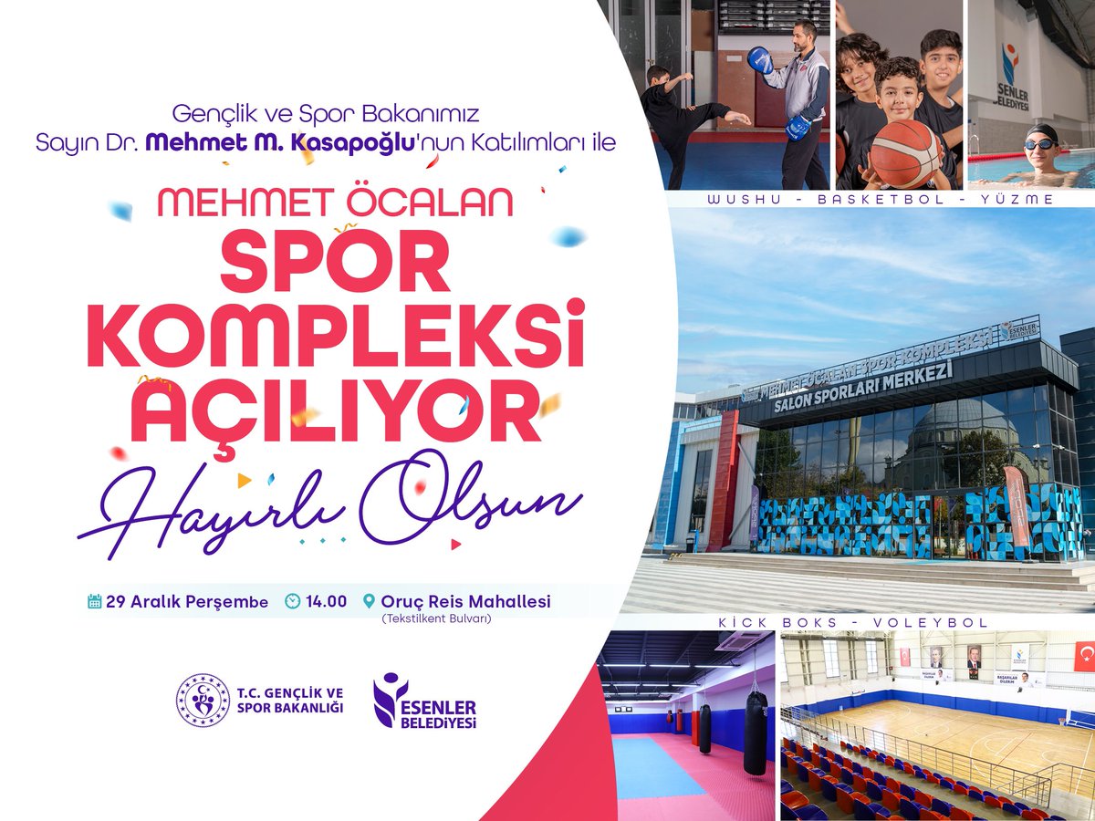 Esenler’imizin ve Türkiye'nin yeni spor kompleksini, Gençlik ve Spor Bakanımız <a href="/kasapoglu/">Dr. Mehmet Kasapoğlu</a>’nun katılımlarıyla açıyoruz.