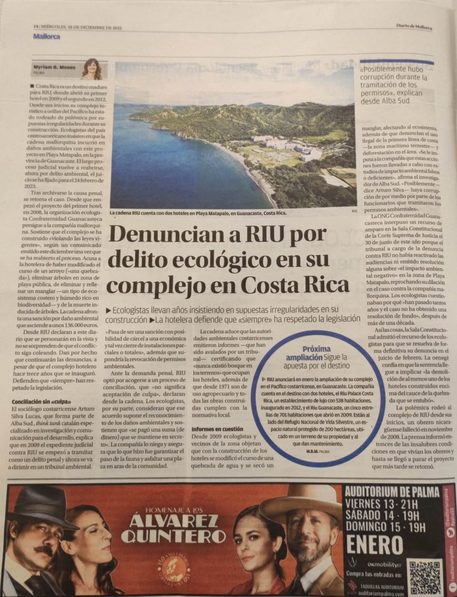 Prensa de Mallorca, España sede de la marca RIU repasa la historia de denuncias ambientales del hotel en Gte. Entre las que se incluyen tala ilegal, secado de manglar, uso ilegal de la ZMT, desvio de curso de agua, etc. Al momento en q RIU anuncia ampliaciones en playa matapalo