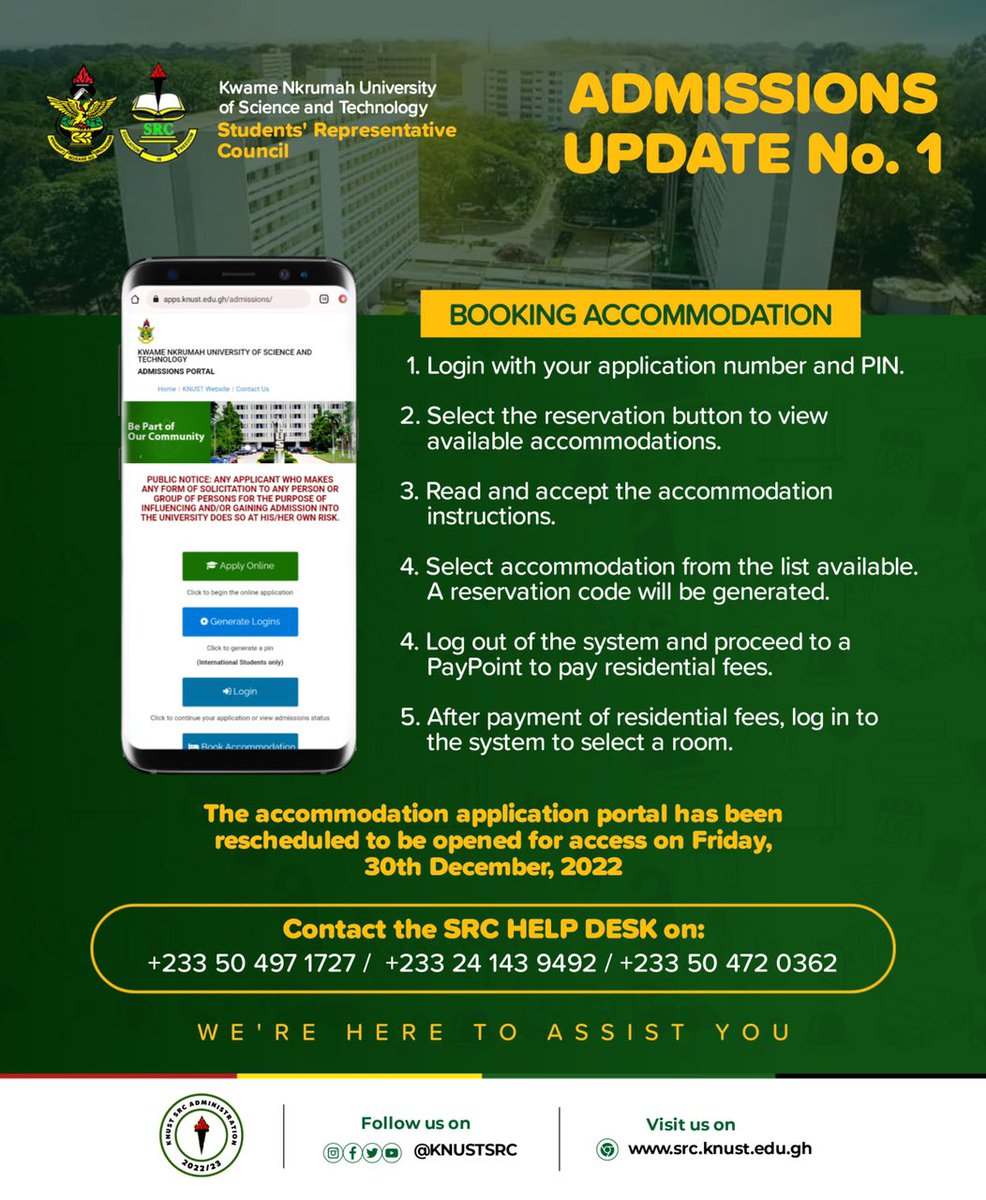 knust_src's tweet photo. The opening of the accommodation portal has been rescheduled to Friday, 30th December, 2022. Freshers should please take note 📌 https://t.co/JVz8ILNBmX
