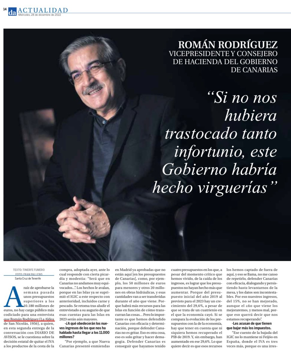 VicepresiCan's tweet photo. 🗞️ @diariodeavisos | Amplia entrevista al vicepresidente @RomanRodWeb, en Diario de Avisos, en la que repasa la actualidad política, los #PGCAC23 y la fiscalidad, ente otros temas de interés.

📰 28/12 ⤵️
https://t.co/EWKMai2pIH
📰 26/12 ⤵️
https://t.co/top3DO088c https://t.co/XtFsVkYR5S
