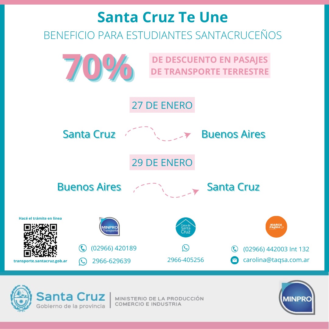 MinProSantaCruz's tweet photo. #SantaCruzTeUne brinda un beneficio para estudiantes santacruceños de un 70% de descuento en pasajes de transporte terrestre para que regresen a su ciudad de estudios 🚌
Realizá el trámite 100% online en https://t.co/gmXSTzSrOQ
@_SantaCruzAr
@silcrg
@RolyDAvena
#MinPro https://t.co/aJQxt1pwDI