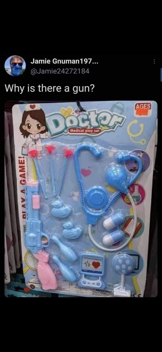 I'm also a bit concerned about why the gun in this toy first aid kit appears to be a pump-action revolver.