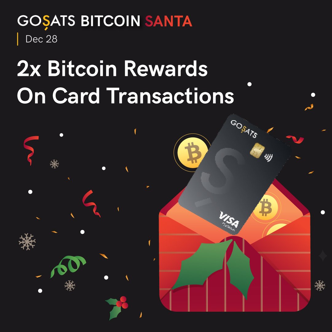 gosatsapp's tweet photo. Only a few more hours before today's reward runs out...⏳

If you still haven't heard, the Bitcoin Santa is giving out 2x Bitcoin rewards on all GoSats Card transactions up until midnight.

Get stacking now!

#BitcoinSanta #Bitcoin https://t.co/KBx2xstxek