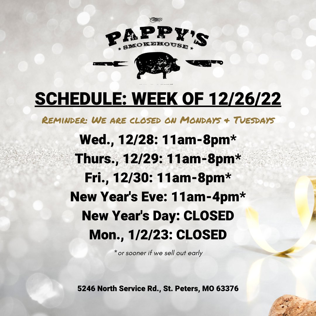 YES. We are OPEN NEW YEAR'S EVE DAY! 🎉 🥳 🎊

Dine in and carry out. If you plan to place an order online for pick up on Saturday, we recommend you order by 12pm on Friday. 📲 pappys-st-peters.square.site

#happynewyear #pappysstpeters #bbq #stpetersmo #stcharlescounty #stcharleseats
