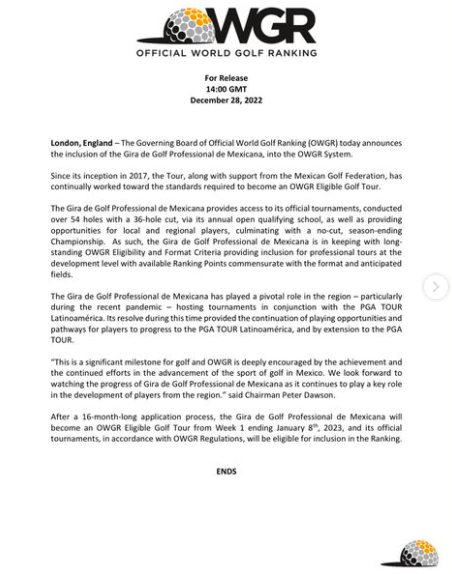 🚨¡Histórico 🚨 El golf profesional mexicano hace historia al convertirse en miembro del @owgr_ltd . De forma oficial la #giragolfmx formará parte a partir de enero de 2023 del Official World Golf Ranking. Aquí los detalles