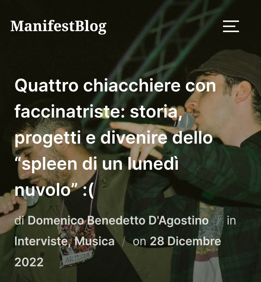BlogManifest's tweet photo. Il loro primo singolo ufficiale, “Di te, di me” ha superato in poco tempo i 22.000 ascolti e siamo appena all’inizio. Ecco la nostra chiacchierata con #faccinatriste
https://t.co/ygePCEf2iE…
#manifestblog #faccinatriste #musica #interviste https://t.co/fDCI5O19cc