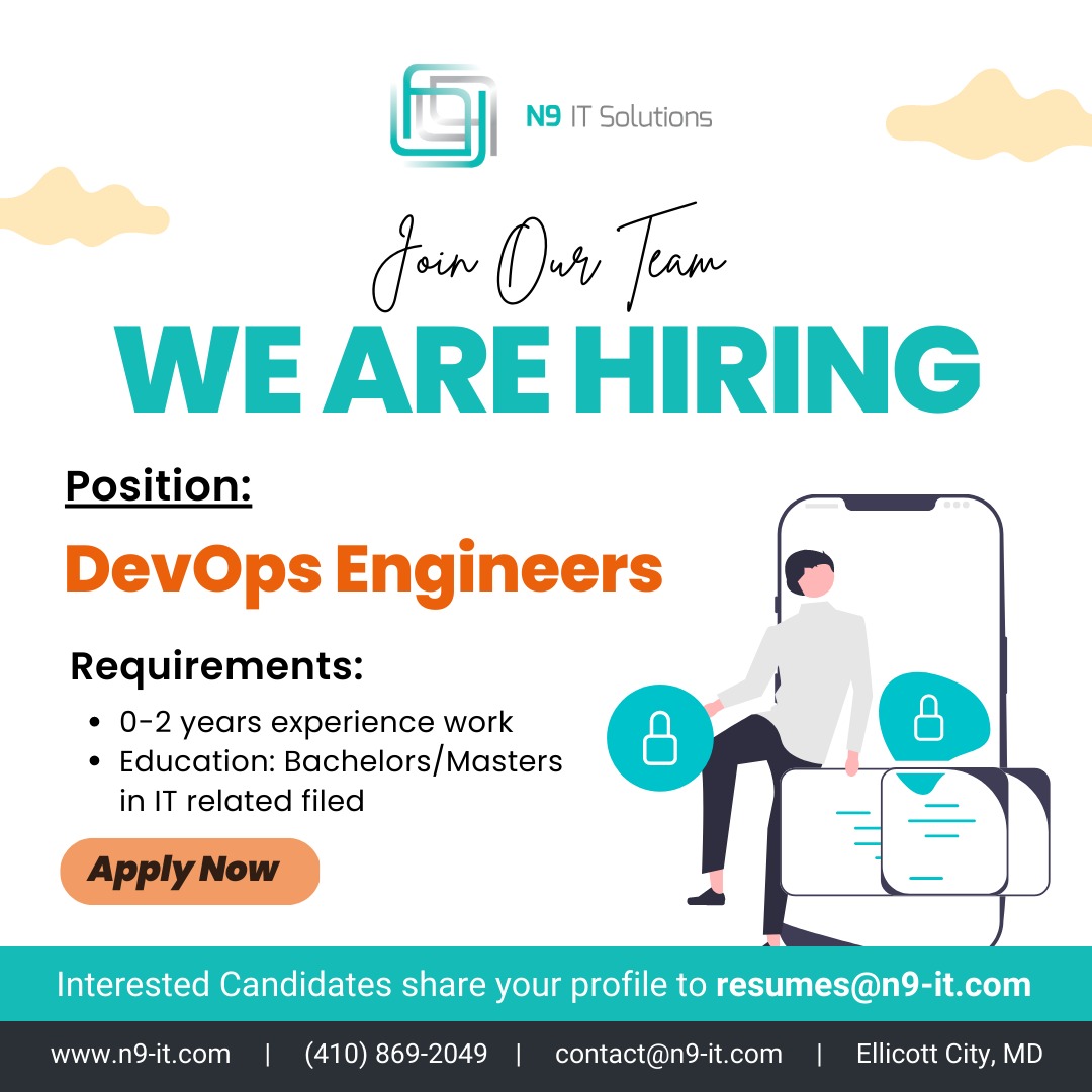 n9_IT_solutions's tweet photo. We are hiring for the position of DevOps Engineers in our USA location.
just mail your resume to resumes@n9-it.com
Contact us for more details - +1 410-869-2049
Website - https://t.co/m4Uq6khDNv
#DevOps #devopsjobs #pythonjobsusa #awscareer #fresher #sql #developer #bigdata https://t.co/zAxkGb732A
