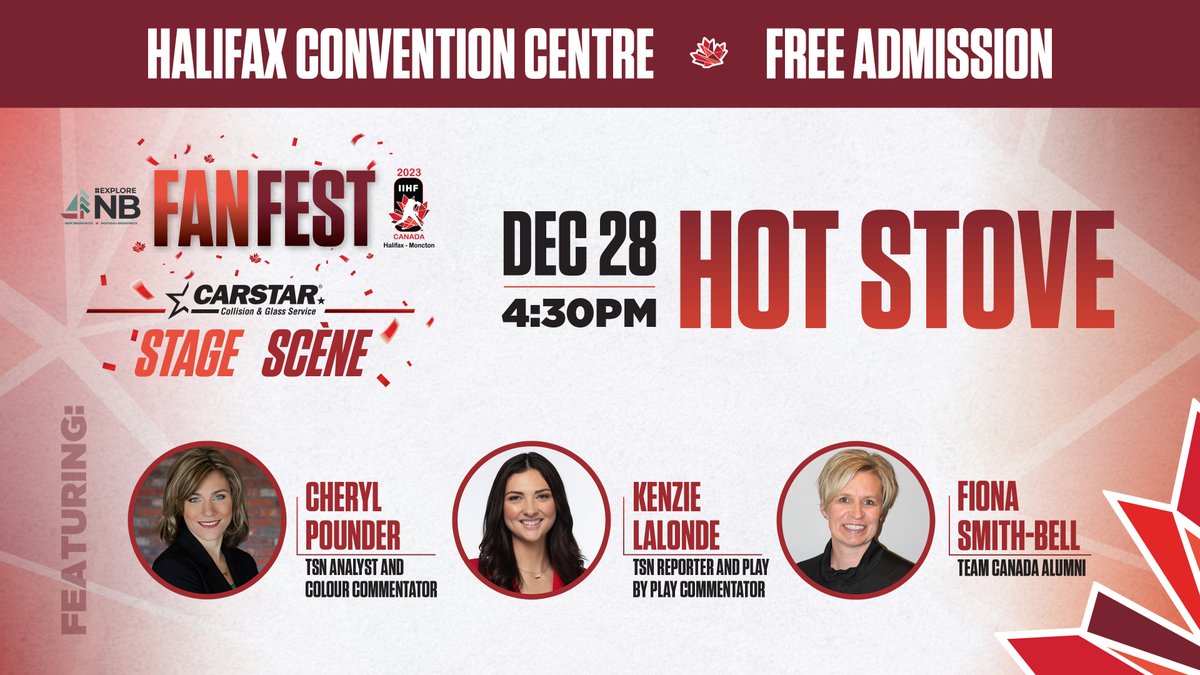 Today at #ExploreNB Fan Fest: <a href="/DalTigers/">Dal Tigers</a> mascot from 2:00pm to 4:00pm, face painters from 2:30pm to 6:00pm, the HOT STOVE at 4:30pm feat <a href="/TeamCanada/">Team Canada</a> &amp; <a href="/TSN_Sports/">TSN</a>, and <a href="/AcadianEmbassy/">Acadian Embassy</a> rock band SLUICE at 5:30pm! Then watch CAN VS GER livestream at 7:30pm!