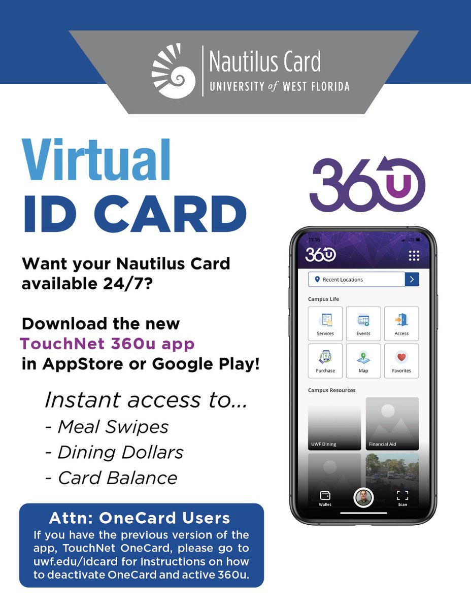 The new TouchNet 360u app gives you instant access to meal swipes, Argobucks, Dining Dollars, and more! 

If you have the previous TouchNet Onecard version, go to uwf.edu/idcard for instructions on how to deactivate it and make active 360u.