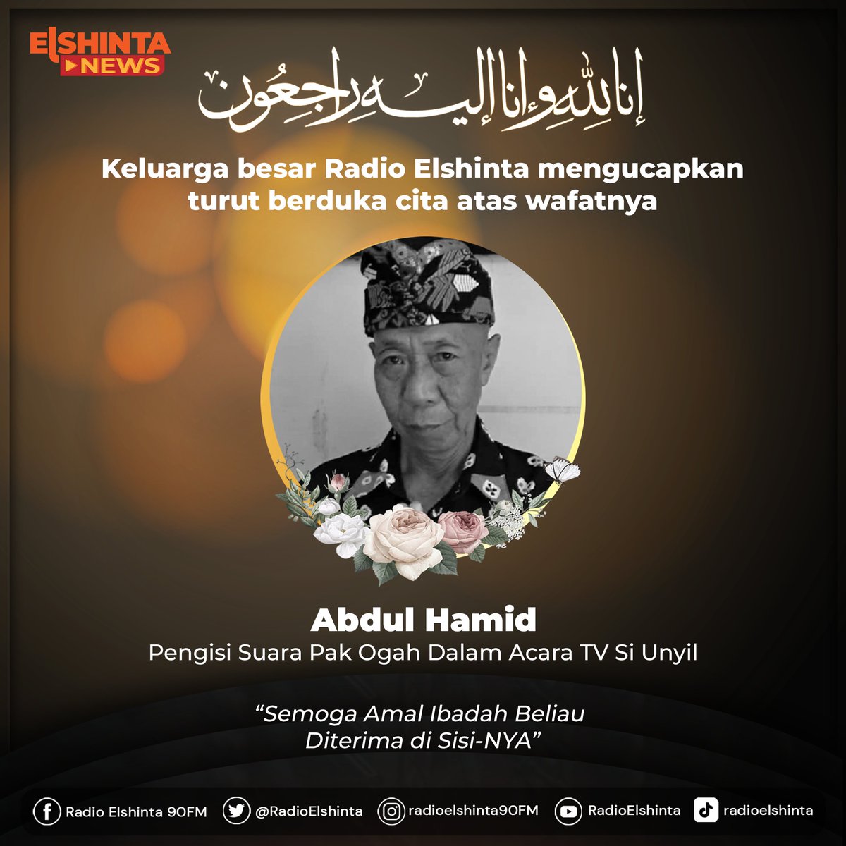Abdul Hamid atau yang dikenal sebagai Pak Ogah dalam serial TV 'Si Unyil' meninggal dunia di usia 74 tahun pada hari ini, Rabu (28/12) pukul 19.30 WIB. 

Kabar duka dikonfirmasi oleh Yuyun, istri dari Pak Ogah.

Semoga amal ibadah beliau diterima di sisi-Nya.