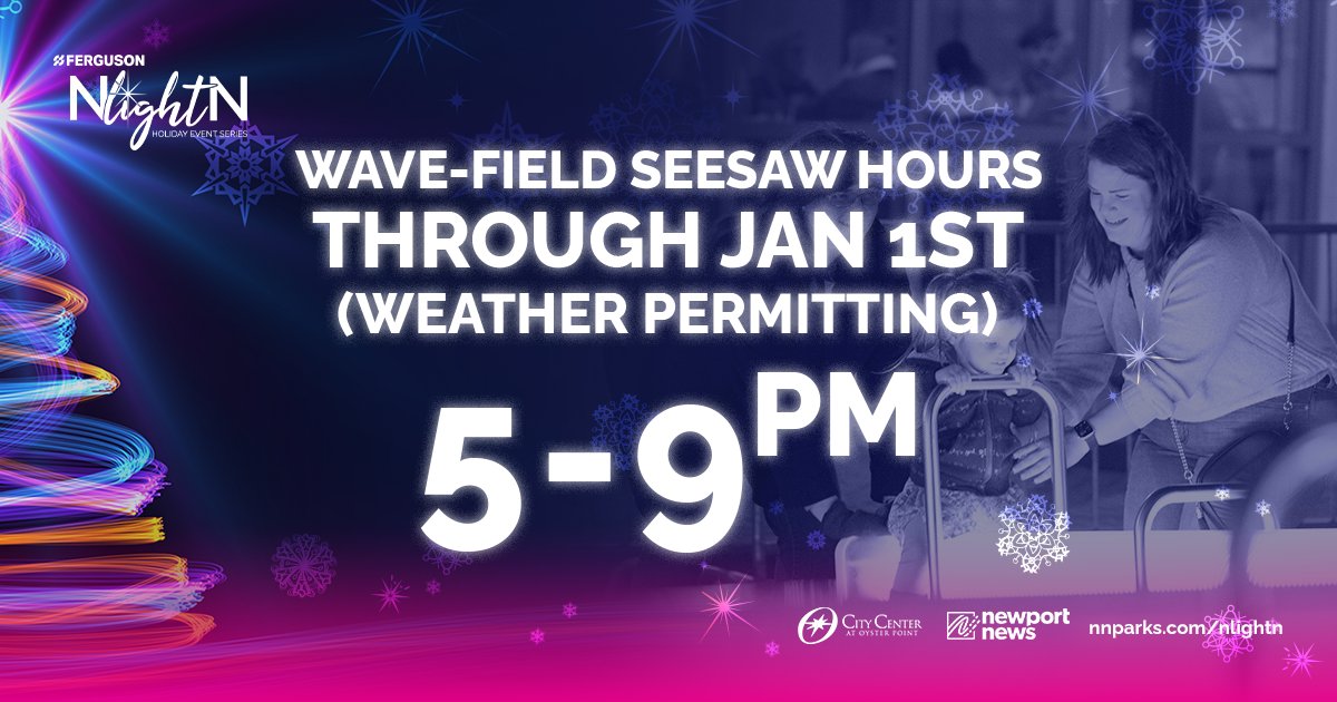 nnfestivals's tweet photo. Our hours of operation for the WAVE-FIELD seesaw interactive exhibit have returned to 5 - 9 PM nightly through January 1st (weather permitting).  Hope to see you here 🙂 https://t.co/rK2L5yaVAJ https://t.co/eUxlAa5stZ