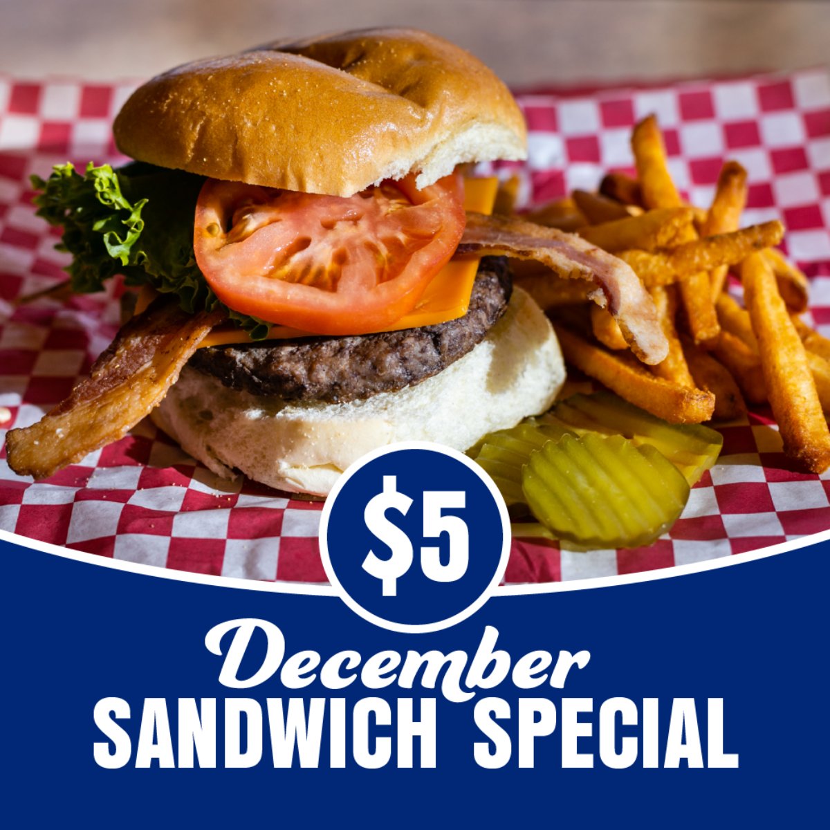 There are only a few days left to enjoy our sandwiches at just $5! Your choice of a burger, turkey and Swiss melt, hot ham and cheese, or hot meatloaf with a side of coleslaw and fries. Stop by before the new year! #SturgeonBay