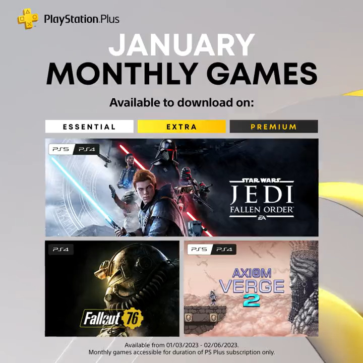 PlayStation on Twitter: "Your PlayStation Monthly Games January 2023 are: ➕ Star Wars Jedi: Fallen Order ➕ Fallout 76 ➕ Axiom Verge 2 Full details: https://t.co/lOZ5M3yj0R https://t.co/N0febIYr3m" / Twitter