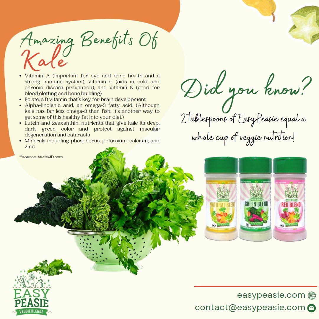 easypeasieco's tweet photo. #Kale is packed with so many amazing health benefits! This superfood is a must-have in any diet. EasyPeasie Green Blend contains kale, and it can be easily added to spaghetti sauce, green smoothies, and more! #easypeasie #veggiehack #healthyliving #eatyourgreens #nutrition https://t.co/lMvsmGCuJ3