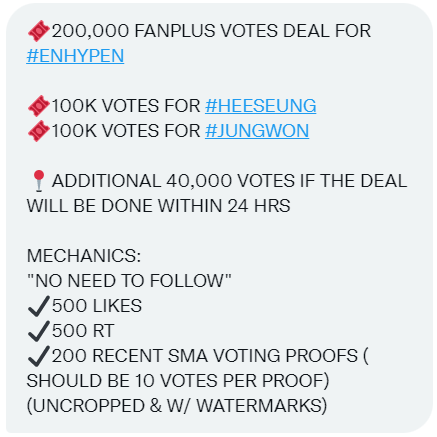 catsdiaryyjw's tweet image. FANPLUS Deal for #JUNGWON &amp;amp; #HEESEUNG🎟️

Mechanics:
"NO NEED TO FOLLOW"
☑️500 LIKES
☑️500 RT
☑️200 RECENT SMA VOTING PROOFS ( SHOULD BE 10 VOTES PER PROOF)
(UNCROPPED &amp;amp; W/ WATERMARKS)

🎯 must reach the goal within 48 hours

#ENFuelUp #ENVOOSTERS