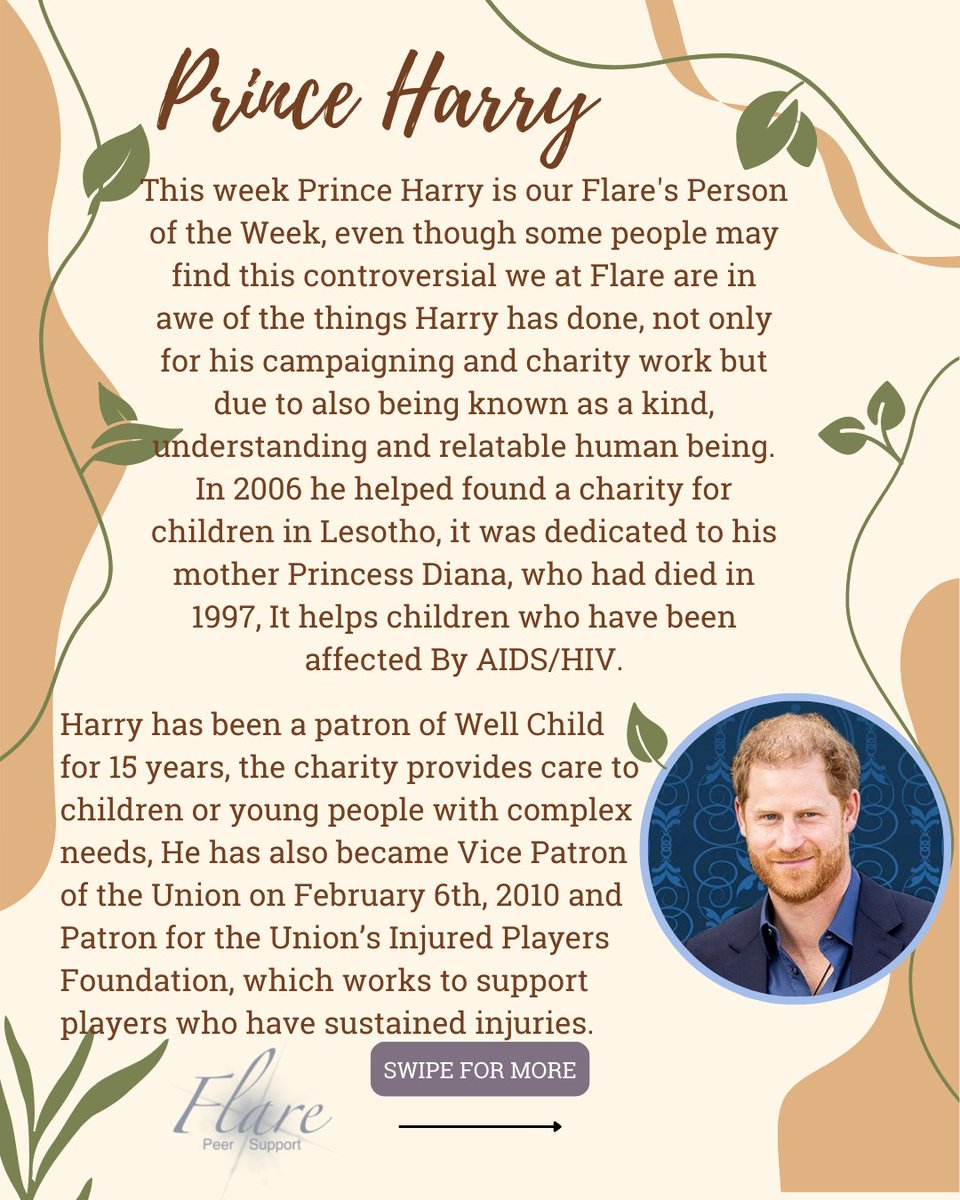 FlareCares's tweet photo. At #Flare, we honour those who speak out on important issues. This week, we recognize #PrinceHarry as #FlarePersonoftheWeek for their active #campaigning and charitable work. Thank you for sharing your voice and making a positive impact.
#peersupport #mentalhealth #supportgroup https://t.co/7RlYmr8rkY