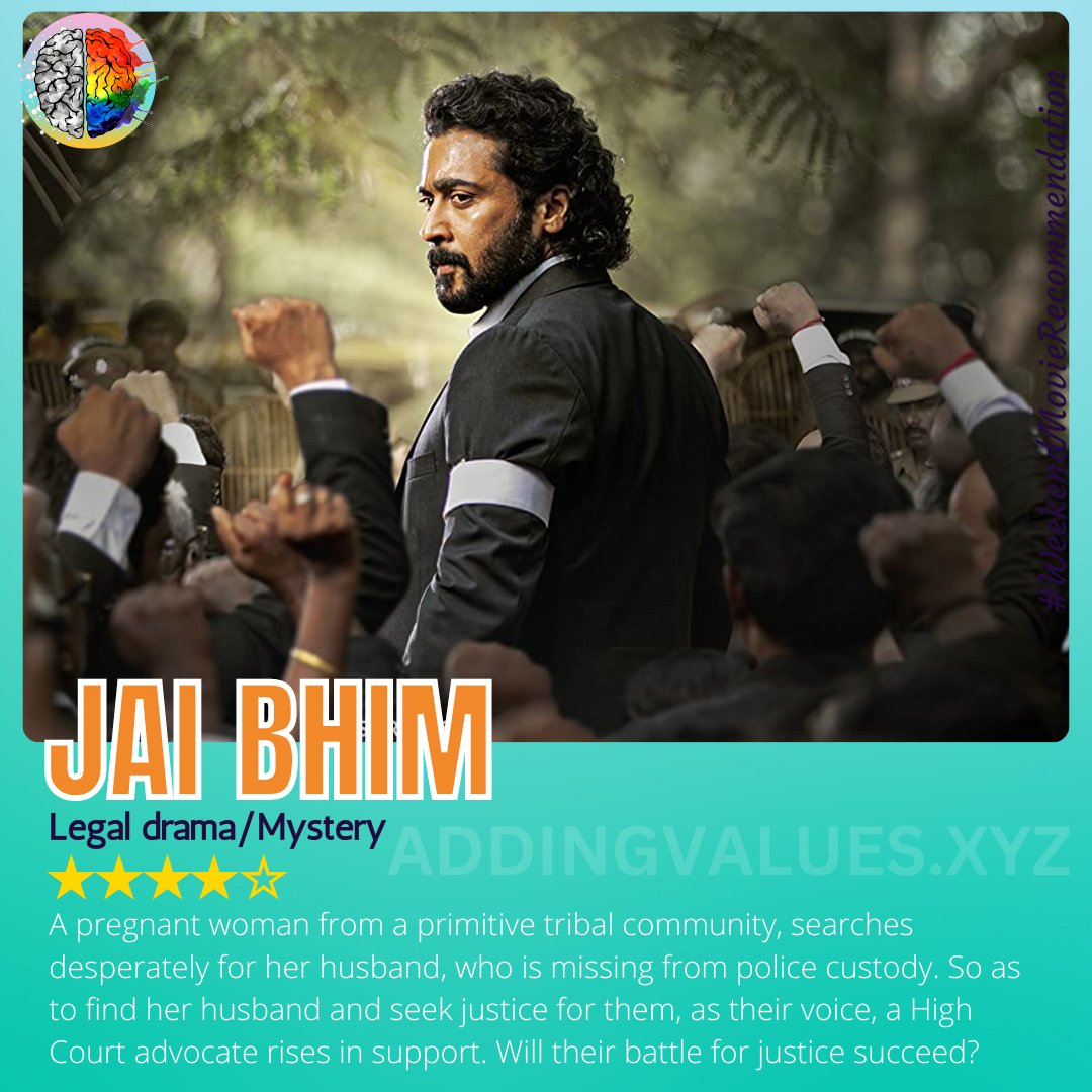 AddingValuesHQ's tweet photo. JAI BHIM (Legal drama /Mystery)

A pregnant woman from a primitive tribal community, searches desperately for her husband, who is missing from police custody. 

#FridayFeeling #av #weekendmovierecommendations https://t.co/uCT4pFf7GE