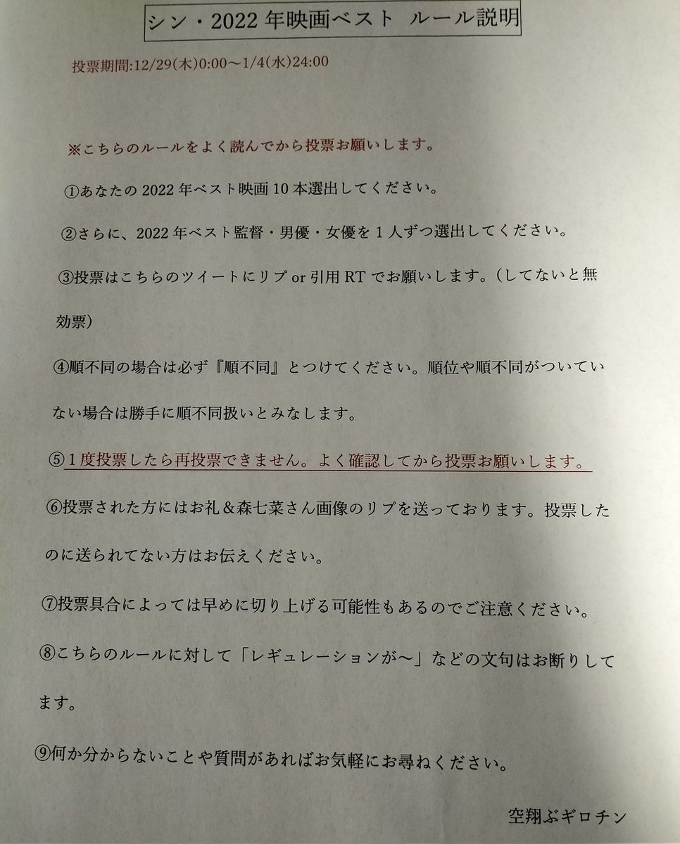 #シン・2022年映画ベスト 
1. THE FIRST SLAM DUNK
2. 灼熱の魂
3. 女神の見えざる手
4. 殺さない彼と死なない彼女
5. スクリーム 2022
6. エスケープ・ルーム
7. 21ブリッジ
8. グレイマン
9. 予告犯
10. カーター
監督：ドゥニ・ヴィルヌーヴ
男優：間宮祥太朗
女優：メリッサ・デゾルモー=プーラン 