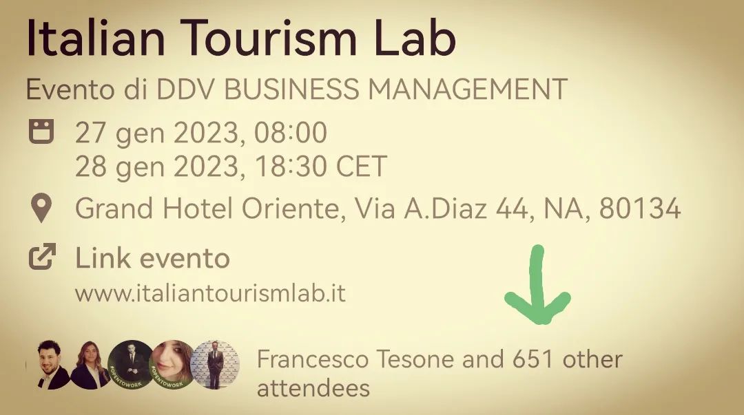 devannadomenico's tweet image. Ops! 😅
Grande Interesse per l' evento Linkedin #ItalianTourismLab!
Se sei alla ricerca di un Corso Intensivo con contenuti #advanced per Addetti dell'Accoglienza, prenota presto il tuo biglietto al seguente link:
👉 lnkd.in/dm3GhEeD
Ti aspetto a Napoli 💪