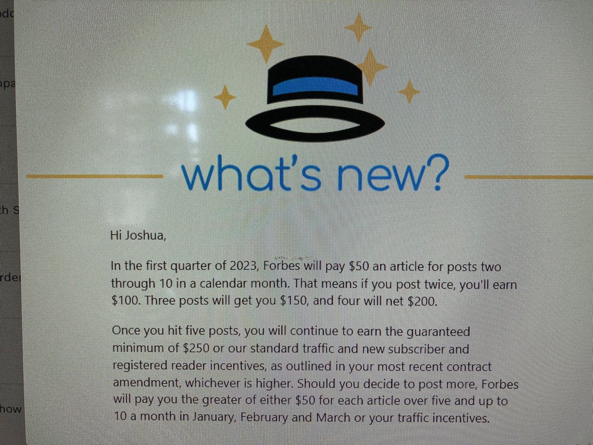 Forbes just announced internally to their contributors that they are lowering their pay rates to $50 dollars an article with a minimum of two articles in a month. I don’t suspect that any news outlets will pick up this news so this may be your only place to hear this.