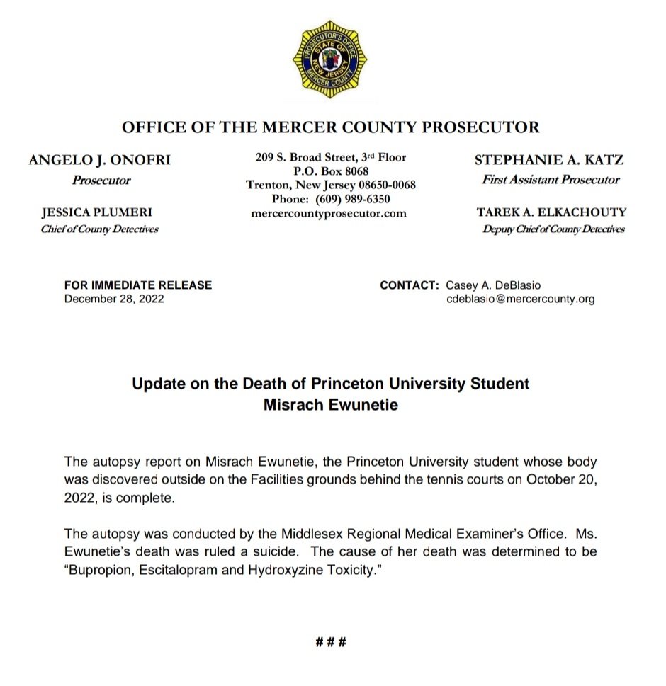 Update on the Death of Princeton University Student Misrach Ewunetie