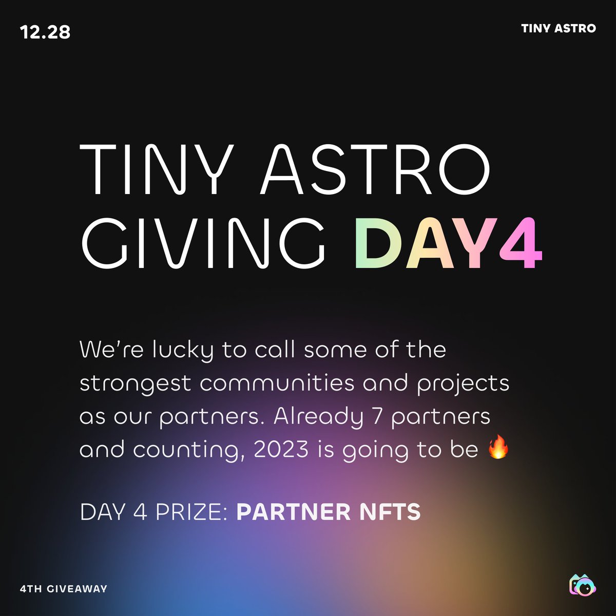 🥳Day 4 of the Tiny Astro 7 Days of Giving🥳

🎁Prize – 1x Partner NFT (a surprise)

Requirements:

1️⃣Like + RT
2️⃣Comment below and tag the next community we should partner up with

⏰24hrs